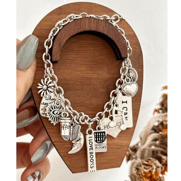Silver Multi Charm Link Bracelet Adjstbl Pendnt Heart Flowr Buttrfly Coffee Moon - Picture 4 of 7